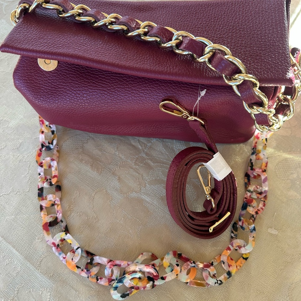 Isadora Made in Italy Burgandy Italian Leather Satchel Acry Chain Crossbody Bag - Picture 8 of 9